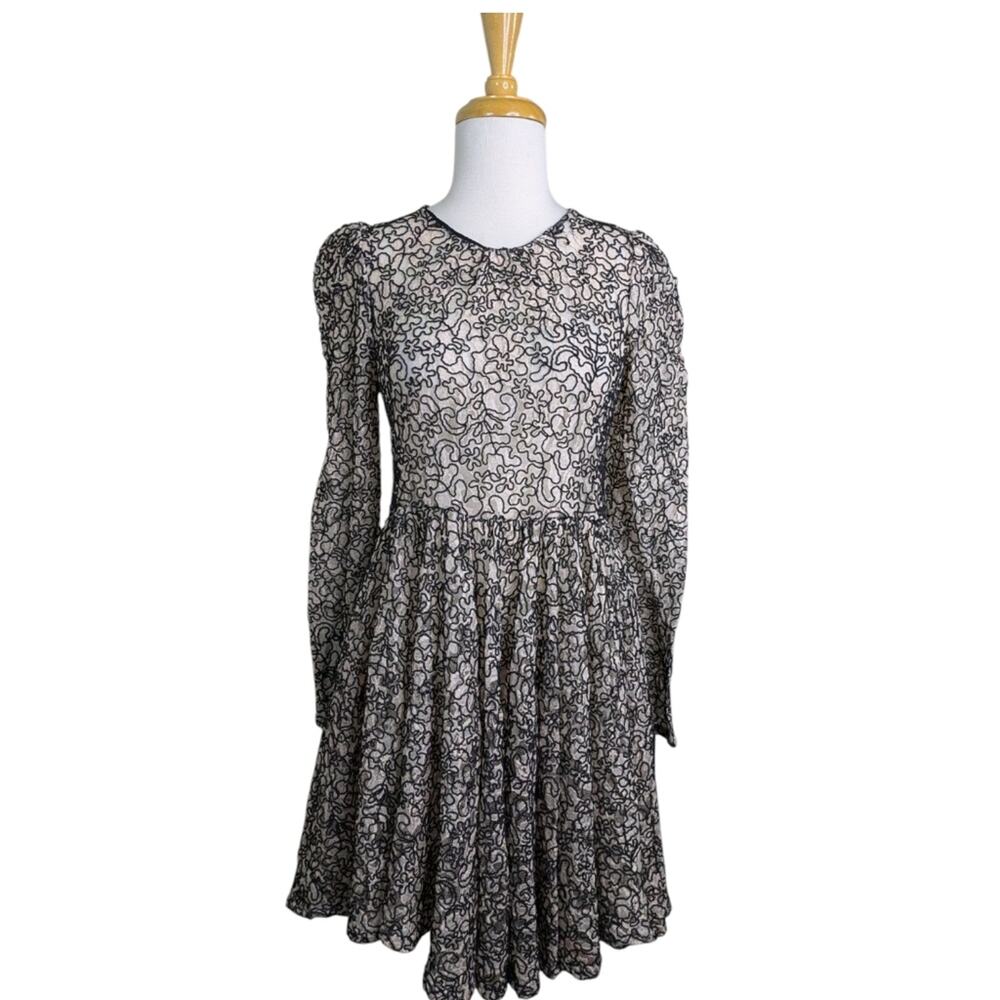 Milly Aria Corded Lace Dress 4 Ballet Blush Black Trim Puff Sleeve Ruched A Line